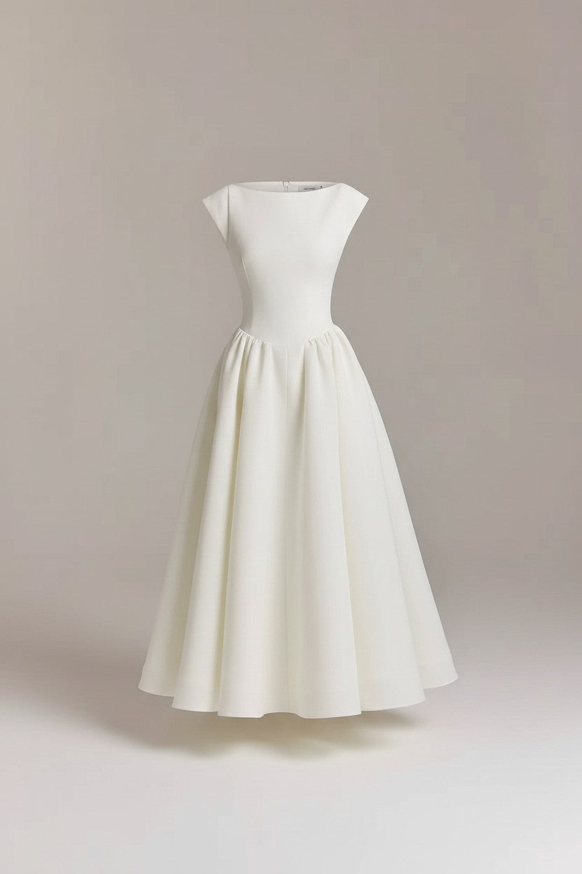 White cap-sleeve midi dress with fitted bodice and flared gathered skirt