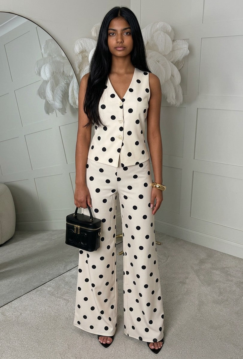 Women's Polka Dot Trouser Suit | Chic Sleeveless Waistcoat and Wide-Leg Pants 1