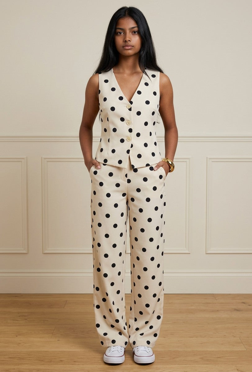 Women's Polka Dot Trouser Suit | Chic Sleeveless Waistcoat and Wide-Leg Pants 2