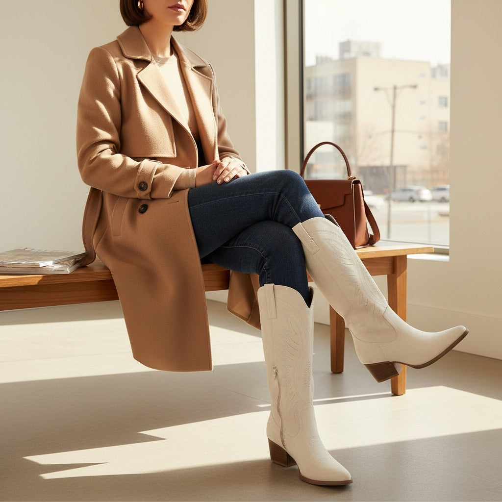 White suede cowboy boots with tall shaft, western stitch accents, and block heel