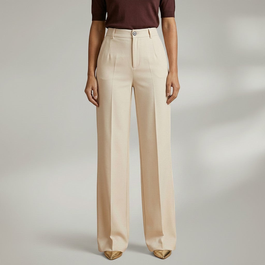 High-waist tailored trousers in beige with belt loops and front button closure