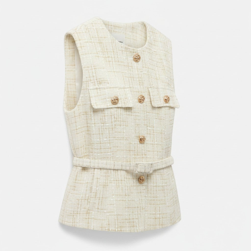 Cream tweed sleeveless vest with gold buttons and front patch pockets