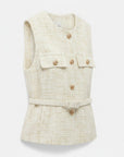 Cream tweed sleeveless vest with gold buttons and front patch pockets