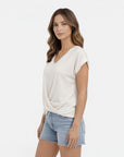 Cotton V-neck twist-front T-shirt, short sleeves, white, knotted hem