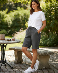 Women’s linen bermuda shorts, charcoal drawstring waist, relaxed breathable fit