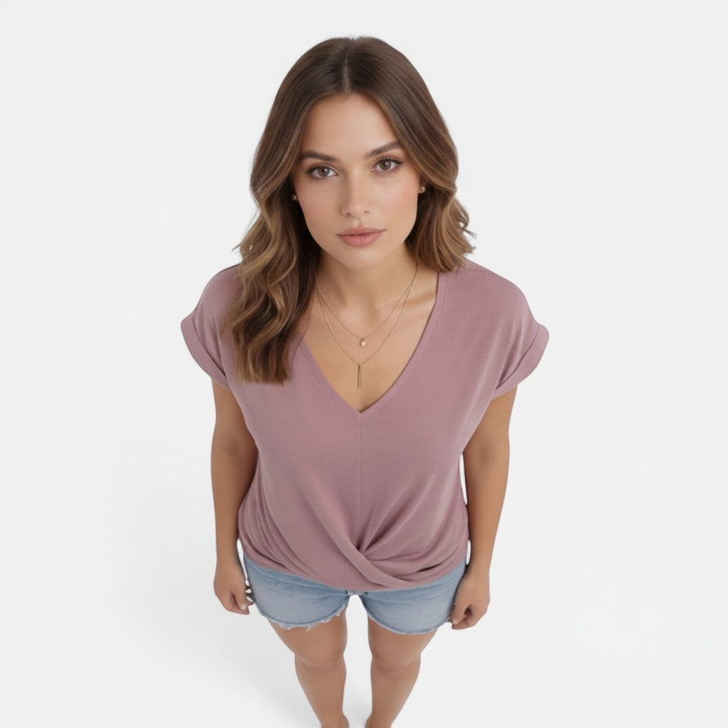 Cotton V-neck twist-front T-shirt, short sleeves, mauve pink