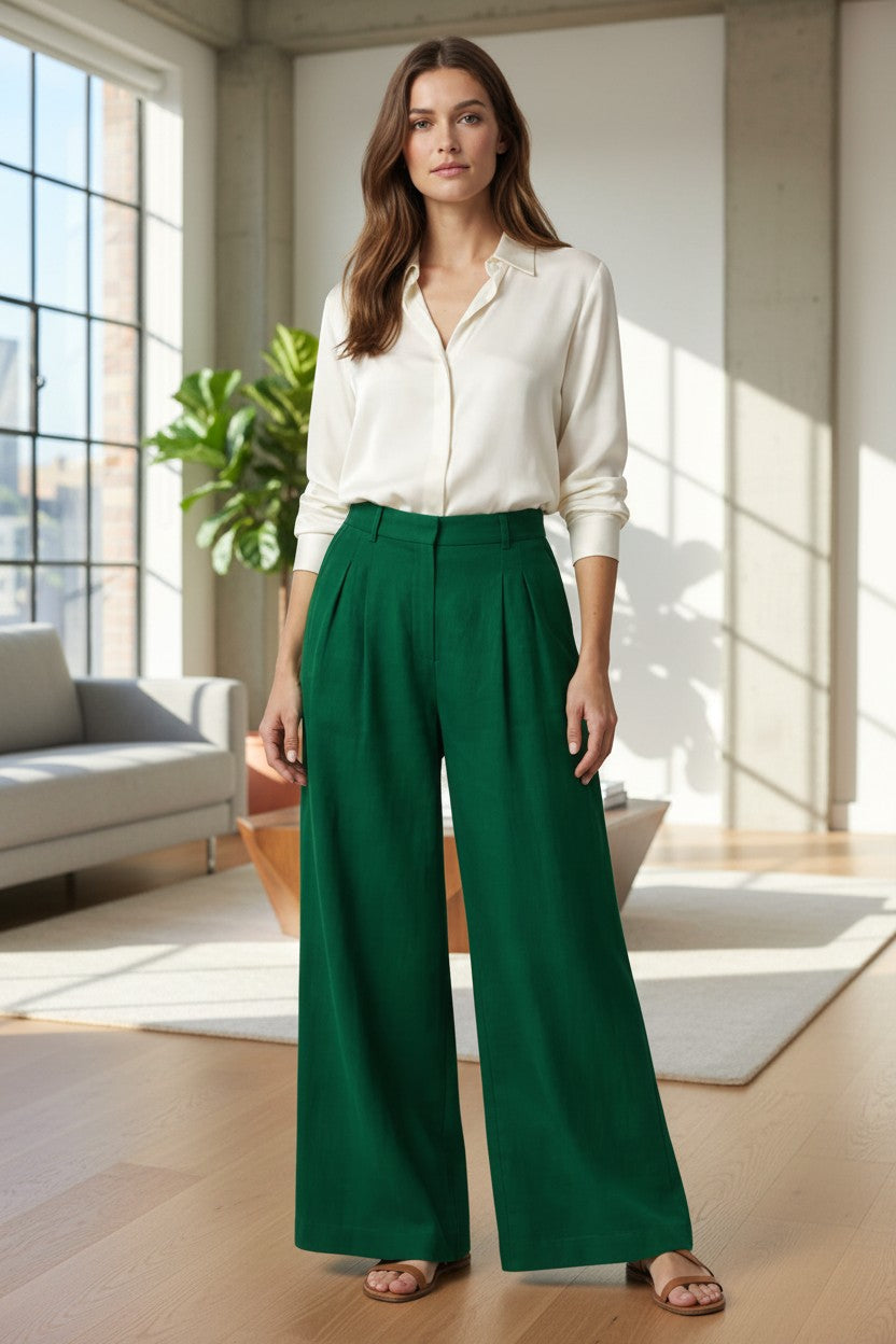 Deep green linen-blend wide-leg trousers, high-waist with pleated front and wide legs