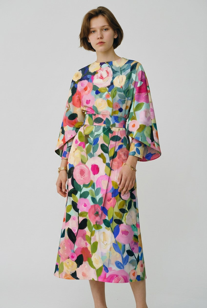 Women's Floral Wrap Dress | Elegant Kimono Sleeve Midi Dress 4