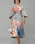 Blue floral wrap midi dress with kimono sleeves and tied waist