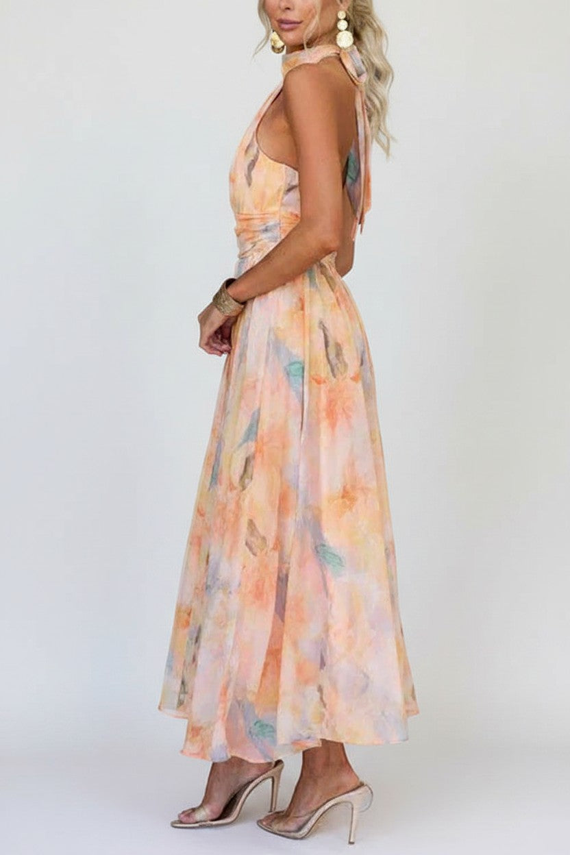 Women’s pastel floral halter maxi dress, sleeveless with fitted bodice and flared skirt