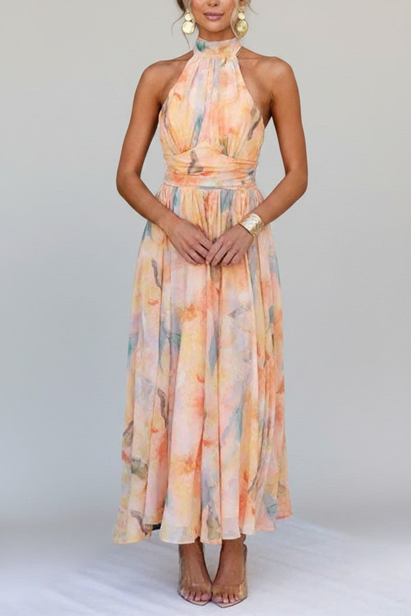 Women’s pastel floral halter maxi dress, sleeveless with waist tie and gathered skirt