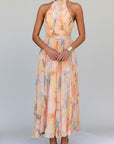 Women’s pastel floral halter maxi dress, sleeveless with waist tie and gathered skirt