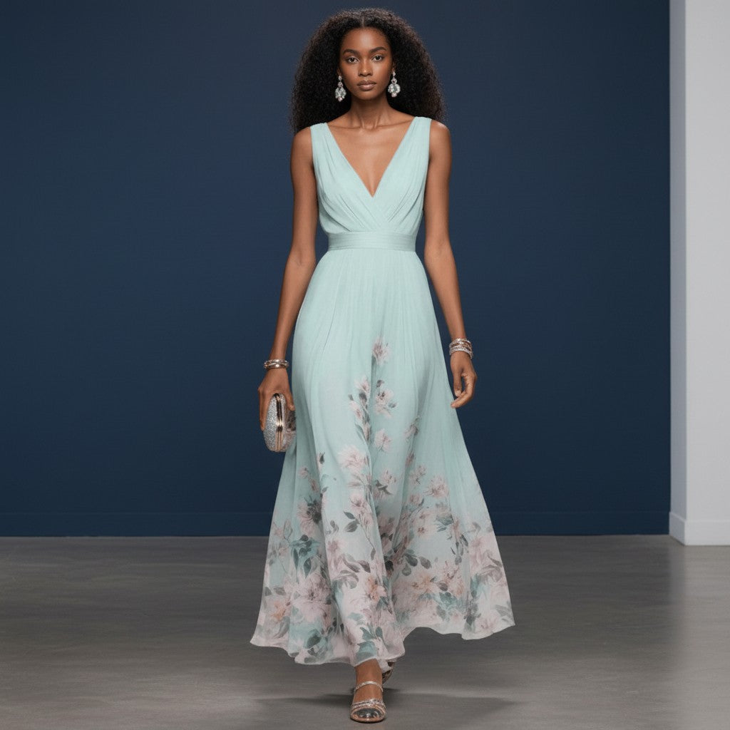 Sage blue sleeveless V-neck maxi dress with floral panel hem and gathered waist