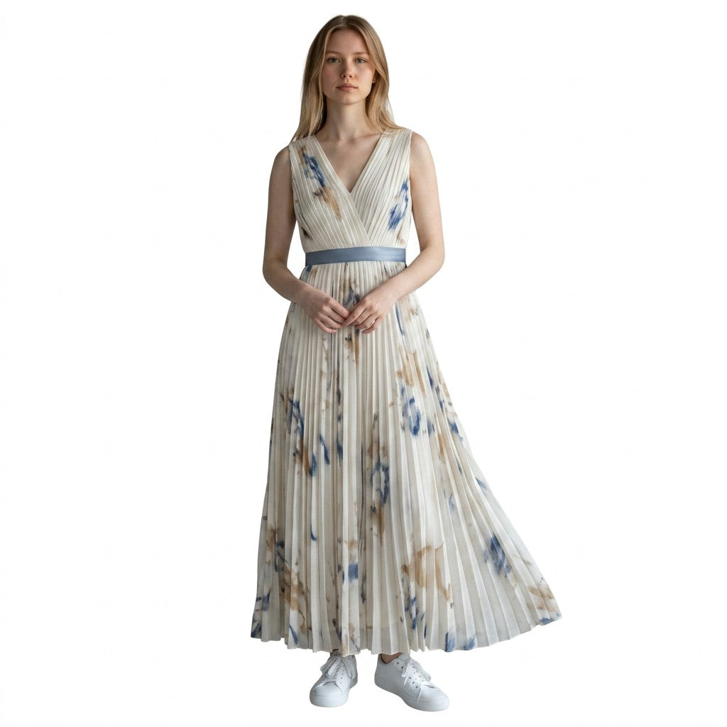 Front view sleeveless V-neck pleated midi dress, cream with blue and rust abstract print