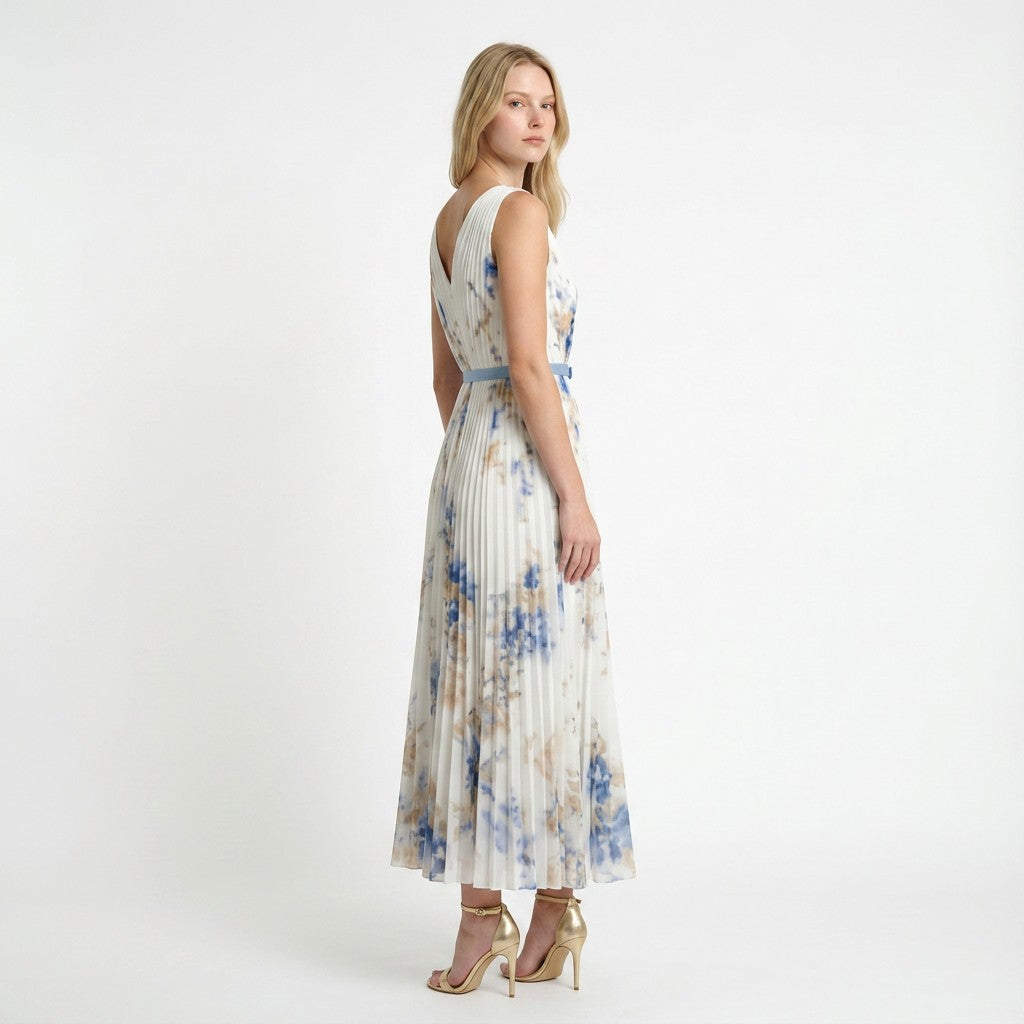 Women's Abstract Print Pleated Midi Dress | Elegant Sleeveless V-Neck Summer Dress 3