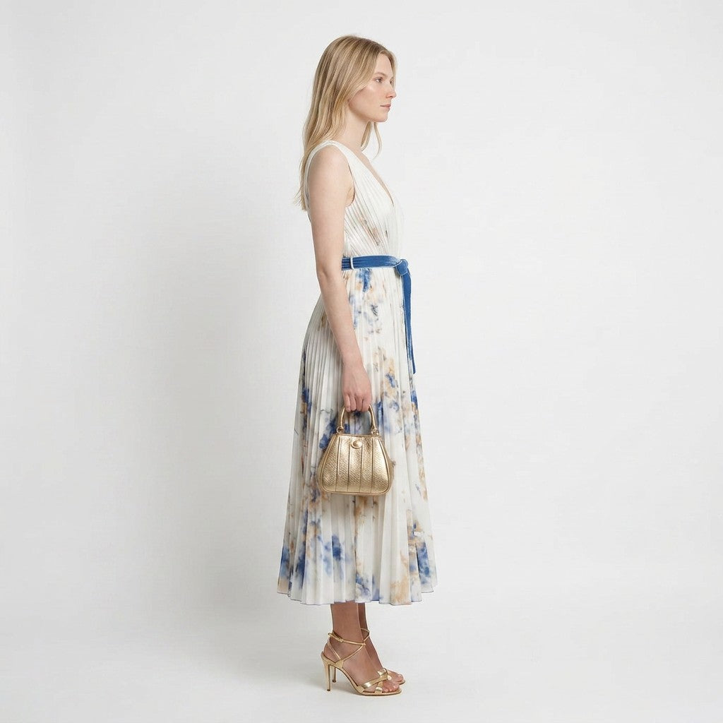 Women's Abstract Print Pleated Midi Dress | Elegant Sleeveless V-Neck Summer Dress 2