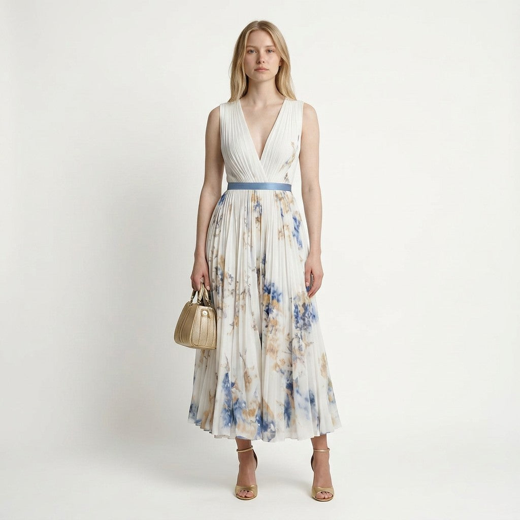 Sleeveless V-neck pleated midi dress, cream with blue abstract pattern and rust accents