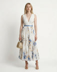 Sleeveless V-neck pleated midi dress, cream with blue abstract pattern and rust accents