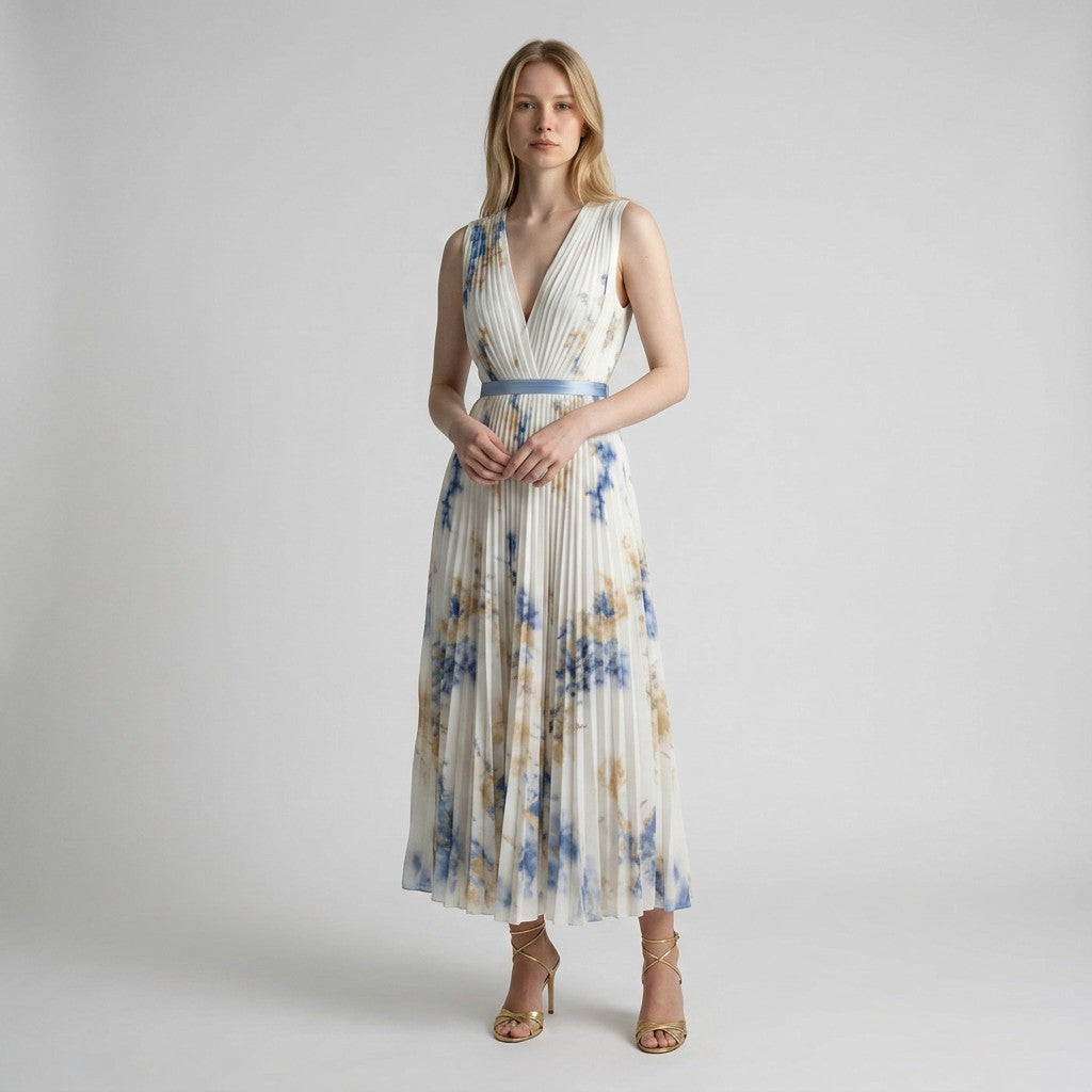 Women's Abstract Print Pleated Midi Dress | Elegant Sleeveless V-Neck Summer Dress 1