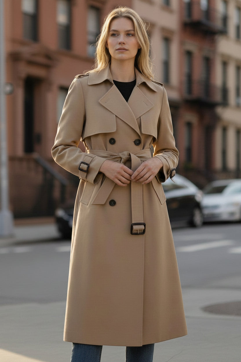 Beige women’s trench coat with double-breasted front, belt, epaulets, and flap pockets.