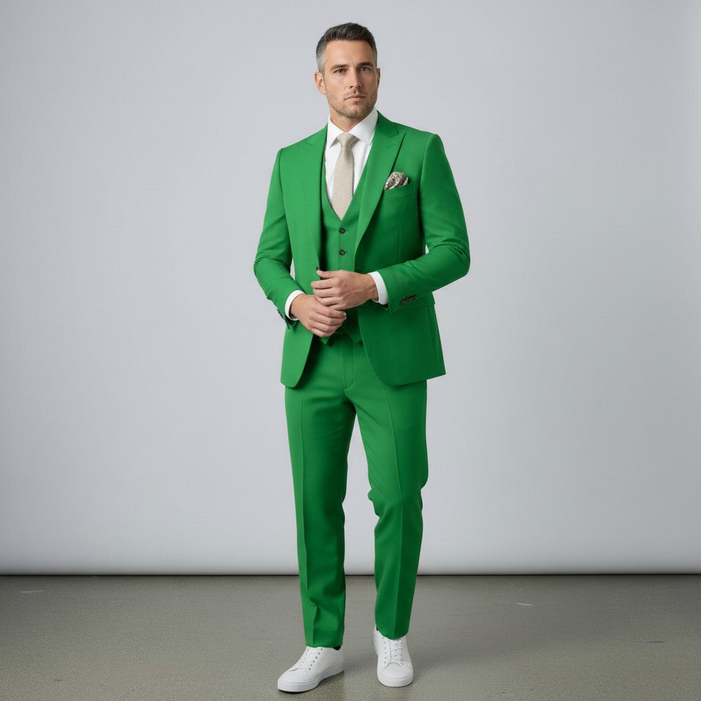 Green men’s three-piece suit set with tailored jacket, waistcoat, and matching trousers