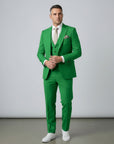 Green men’s three-piece suit set with tailored jacket, waistcoat, and matching trousers