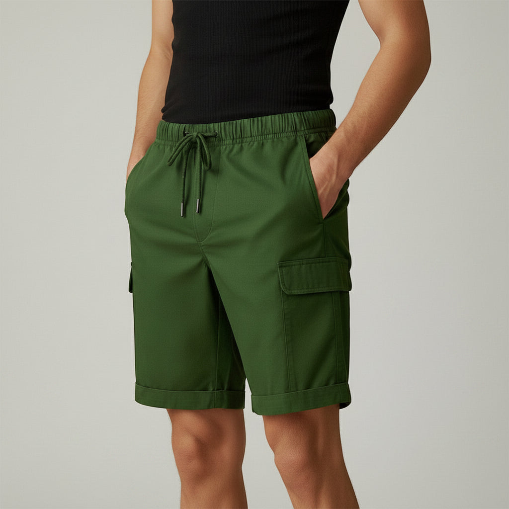 Men's green cargo shorts with drawstring waist and side cargo pockets
