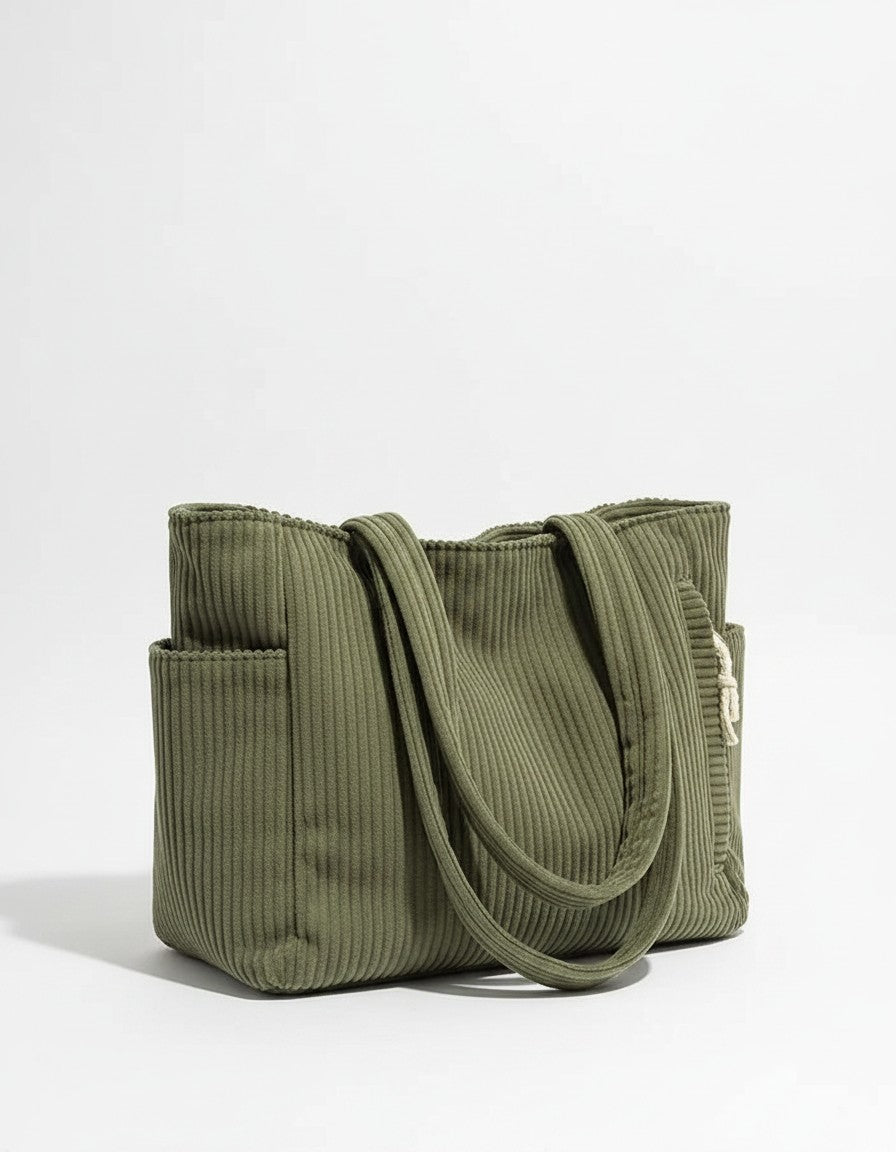 Corduroy tote bag in olive green with ribbed fabric and two top handles