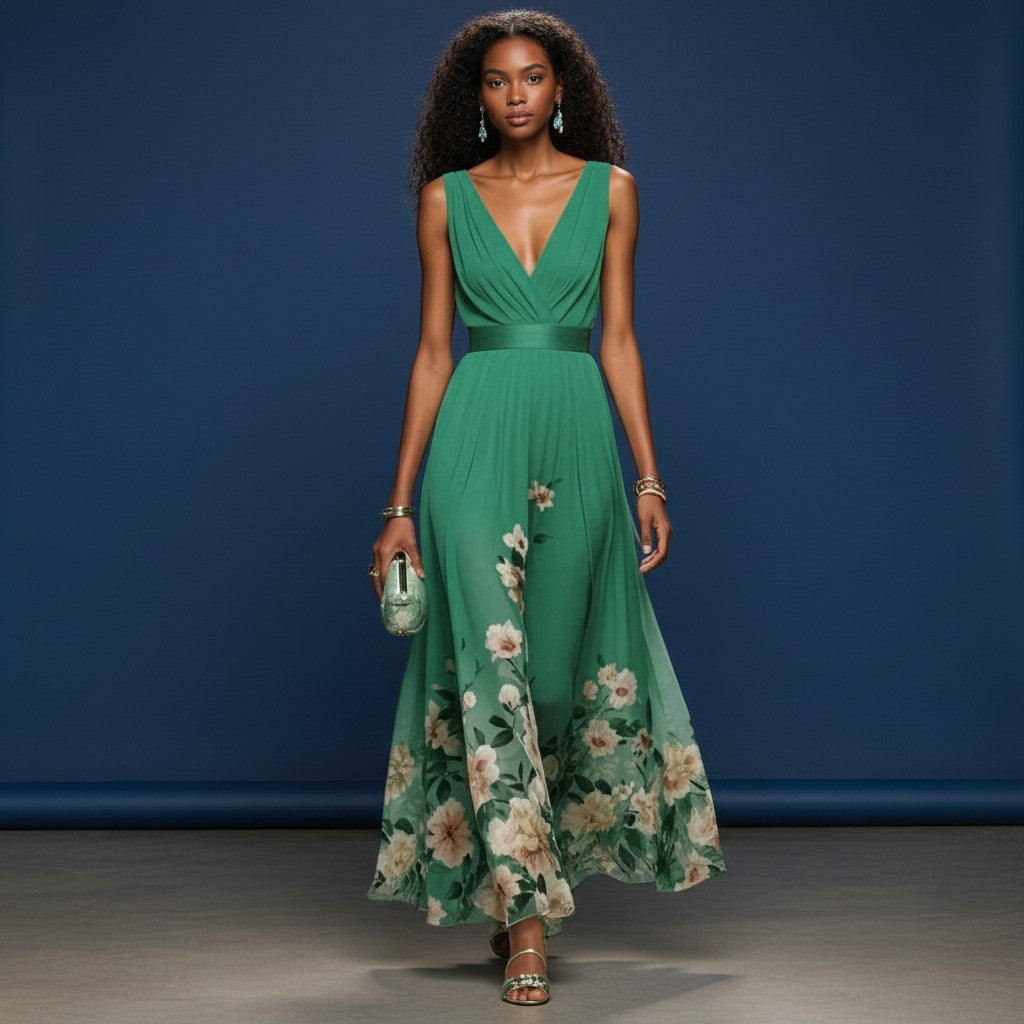 Green sleeveless V-neck maxi dress with floral panel hem and gathered waist