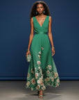 Green sleeveless V-neck maxi dress with floral panel hem and gathered waist