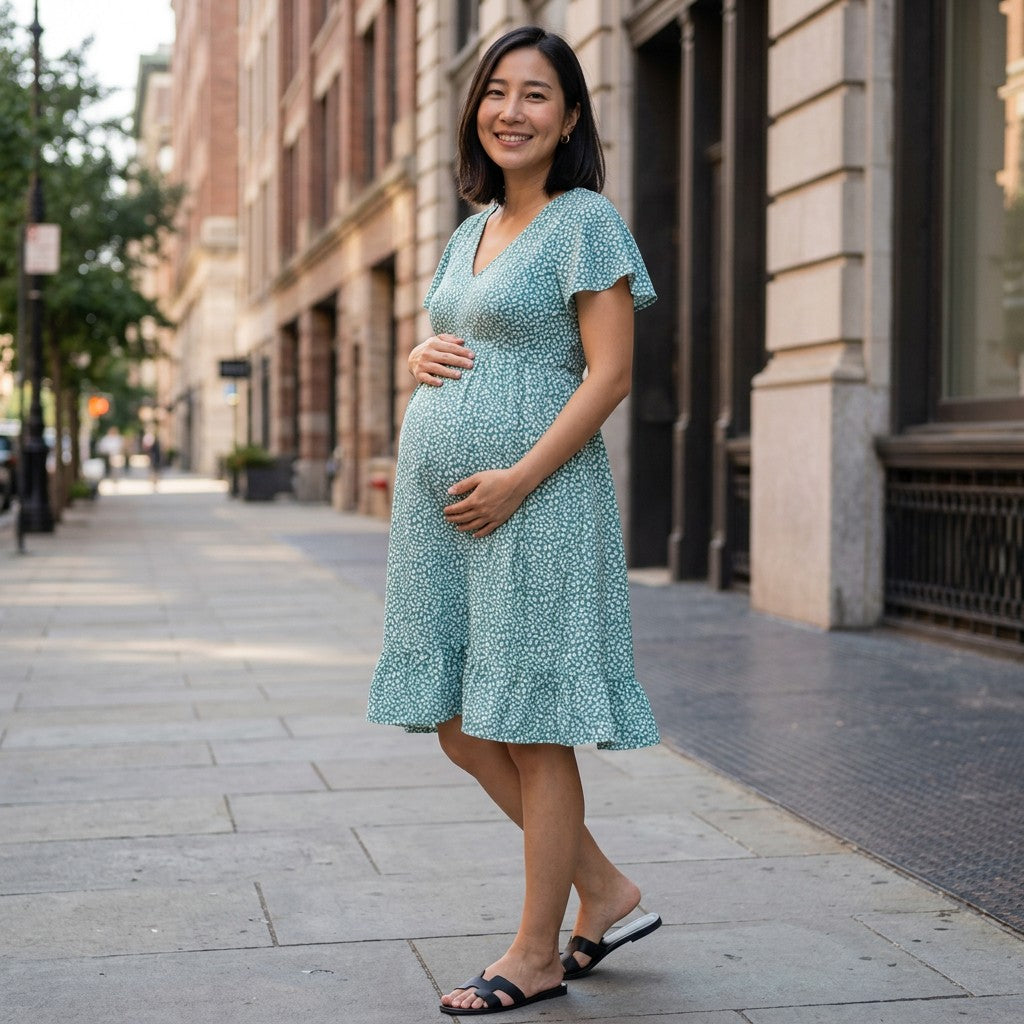 Teal floral maternity dress with V-neck and flutter sleeves, knee-length