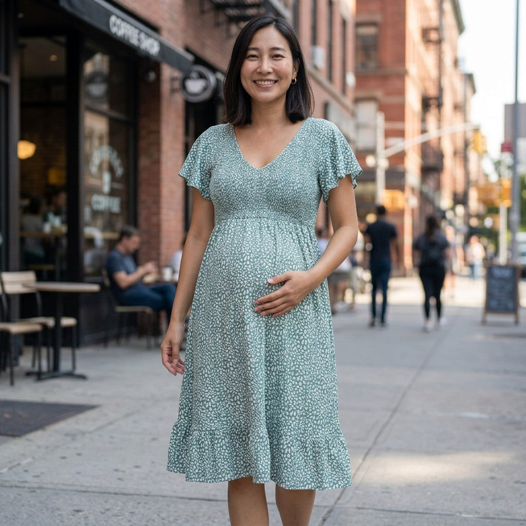 Teal floral maternity dress with V-neck and flutter sleeves, front view
