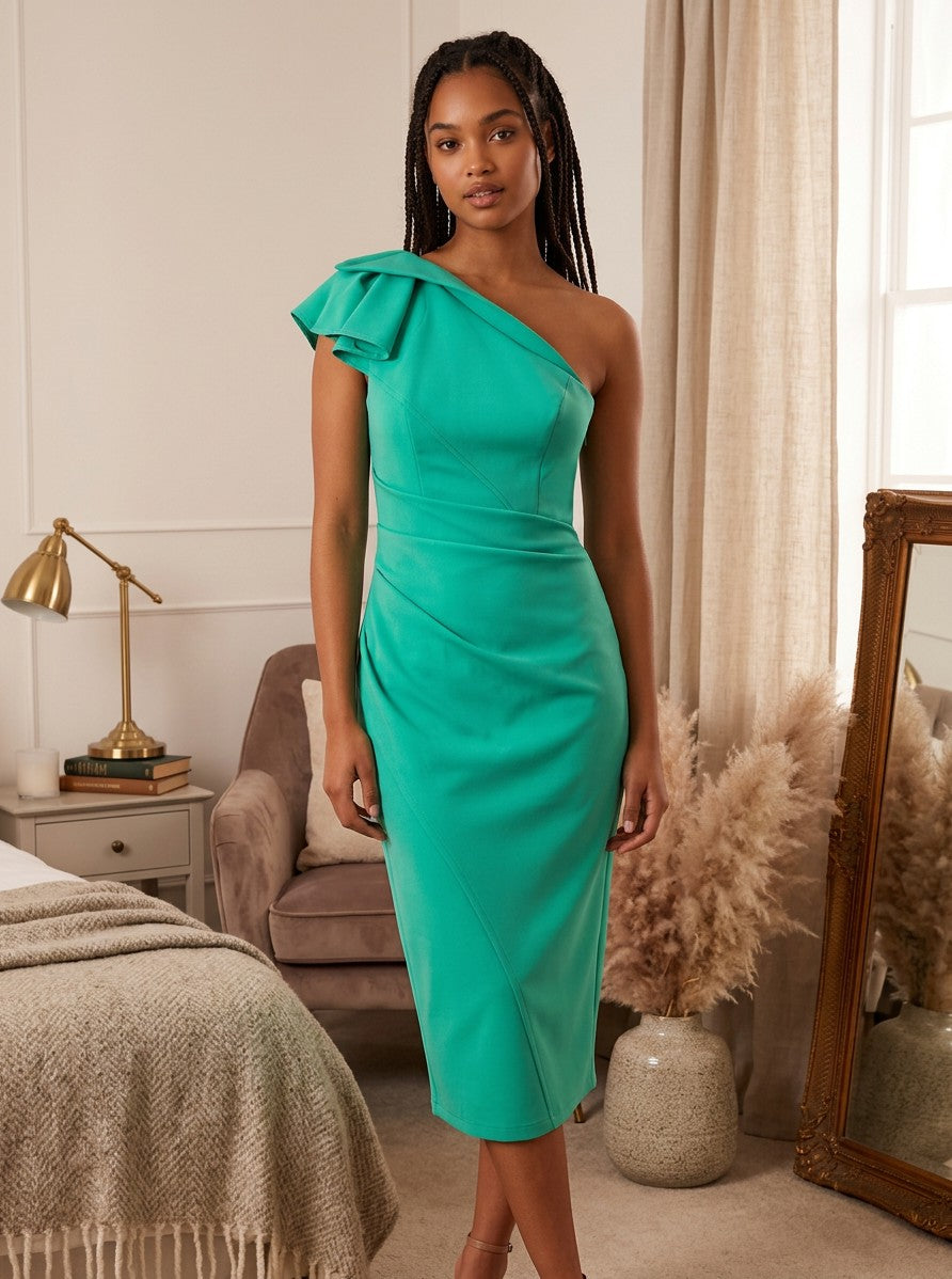 Women's Elegant Fabric Midi Dress | Chic One-Shoulder Cocktail Dress in Emerald Green 1