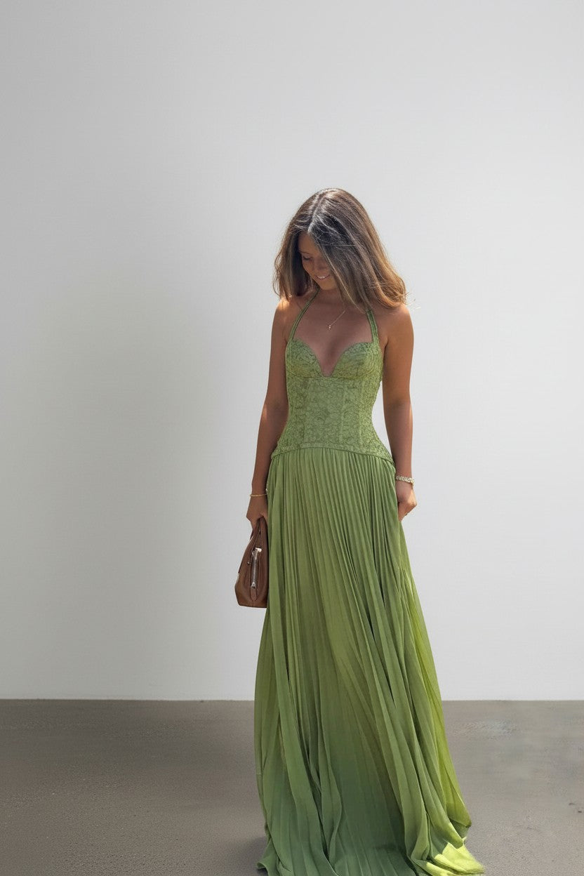 Olive green lace-look maxi dress, sweetheart neckline, pleated skirt and thin straps