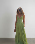 Olive green lace-look maxi dress, sweetheart neckline, pleated skirt and thin straps