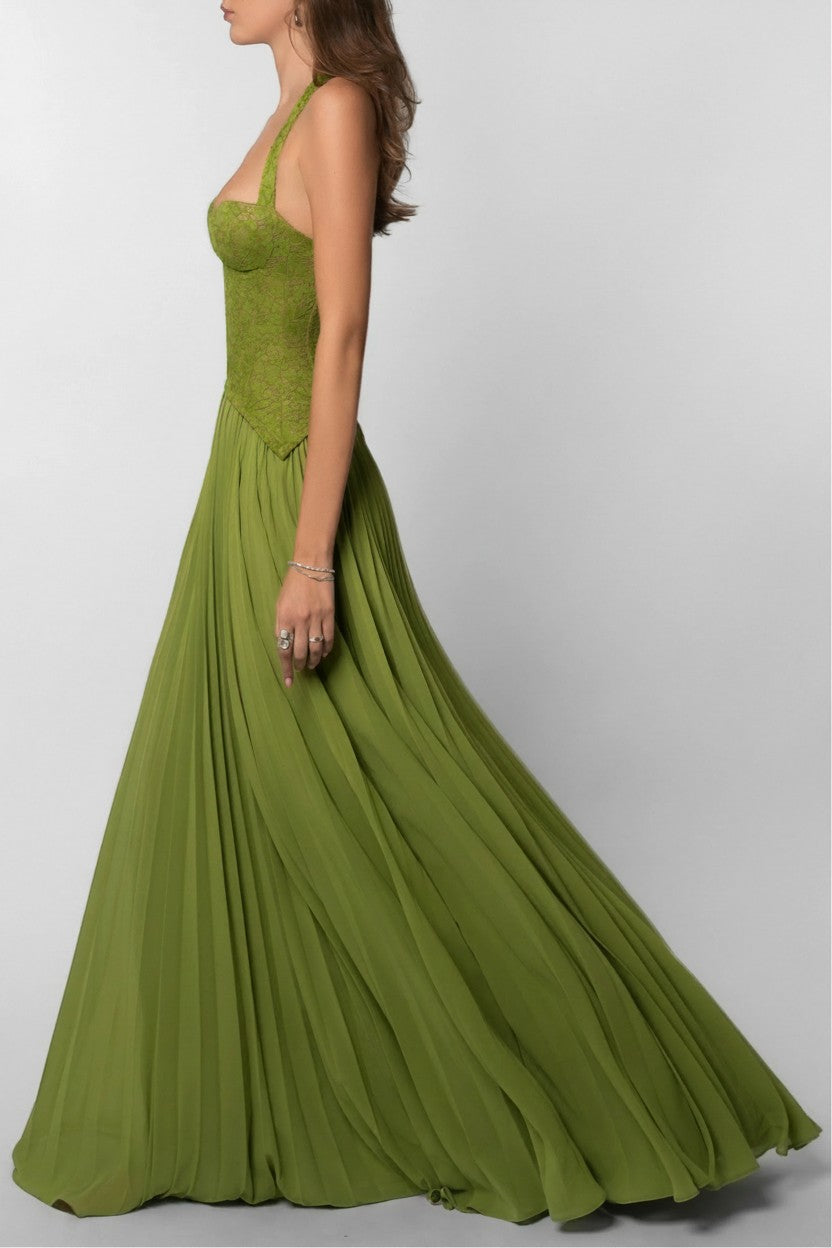 Olive green lace-look maxi dress, side view, sweetheart bodice and flowing pleated skirt