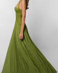 Olive green lace-look maxi dress, side view, sweetheart bodice and flowing pleated skirt