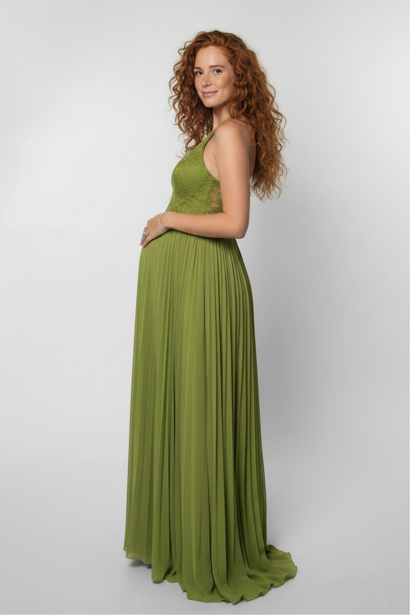Olive green maternity maxi dress, sleeveless sweetheart neckline and pleated full skirt
