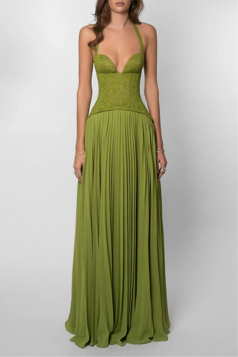 Olive green lace-look maxi dress, sweetheart neckline bodice, gathered pleated maxi skirt
