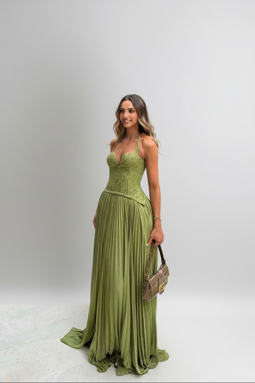Olive green lace-look maxi dress with sweetheart neckline, pleated skirt, thin straps