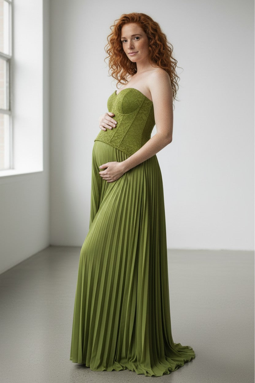 Olive green maternity maxi dress, sweetheart neckline, pleated skirt and thin straps