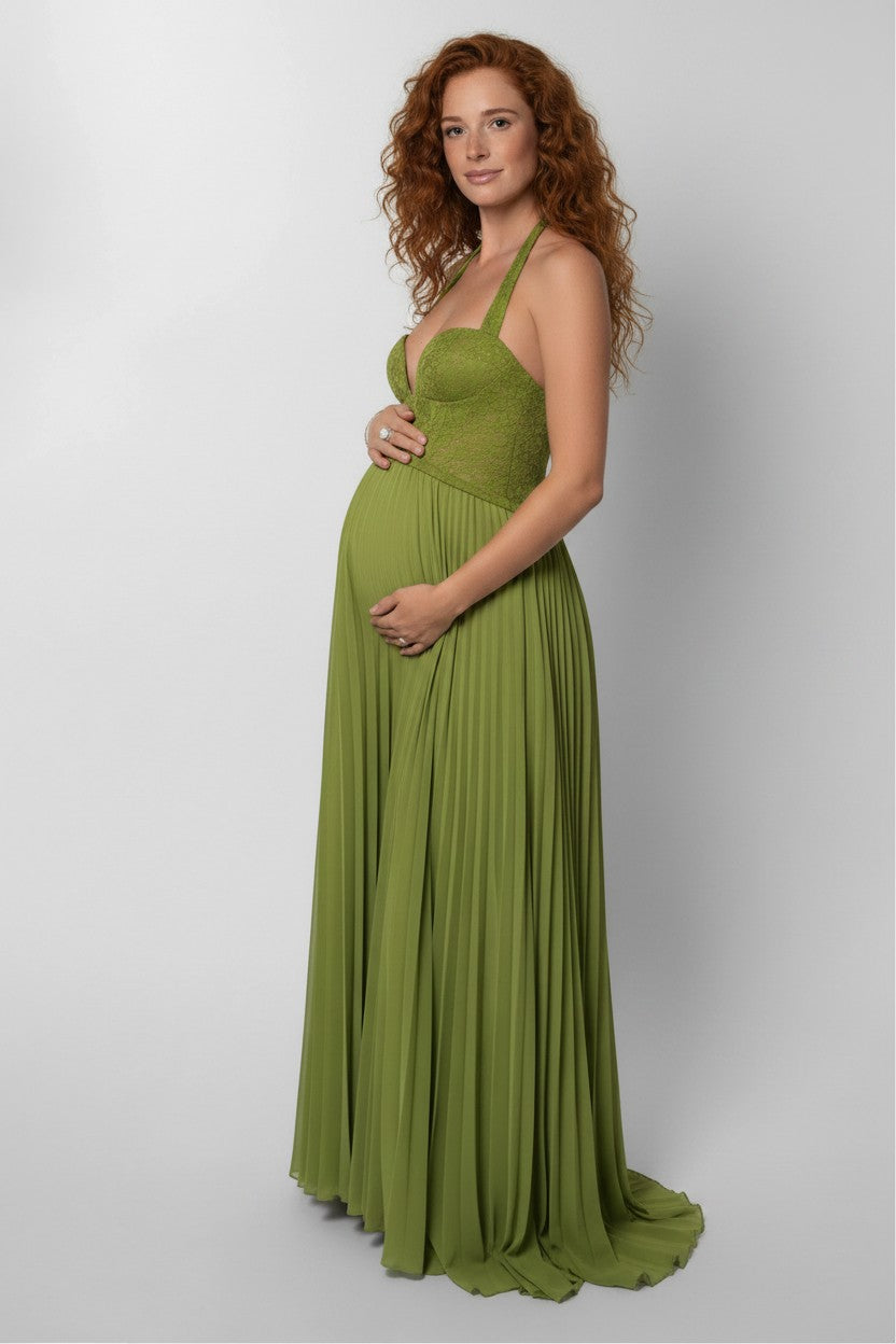 Olive green maternity maxi dress, three-quarter view, sweetheart bodice and pleated maxi skirt