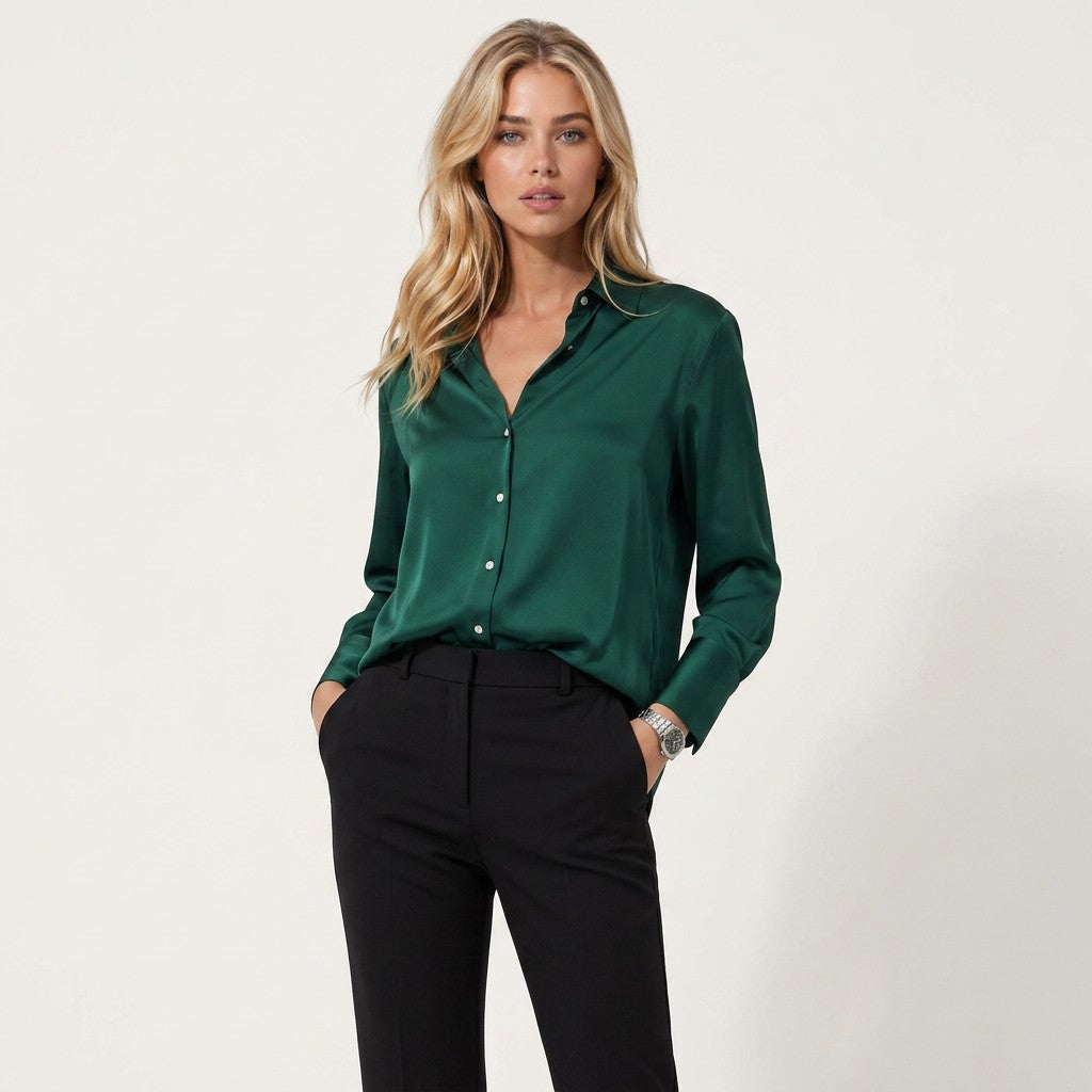 Women’s long-sleeve blouse in deep green with button front and collared neckline