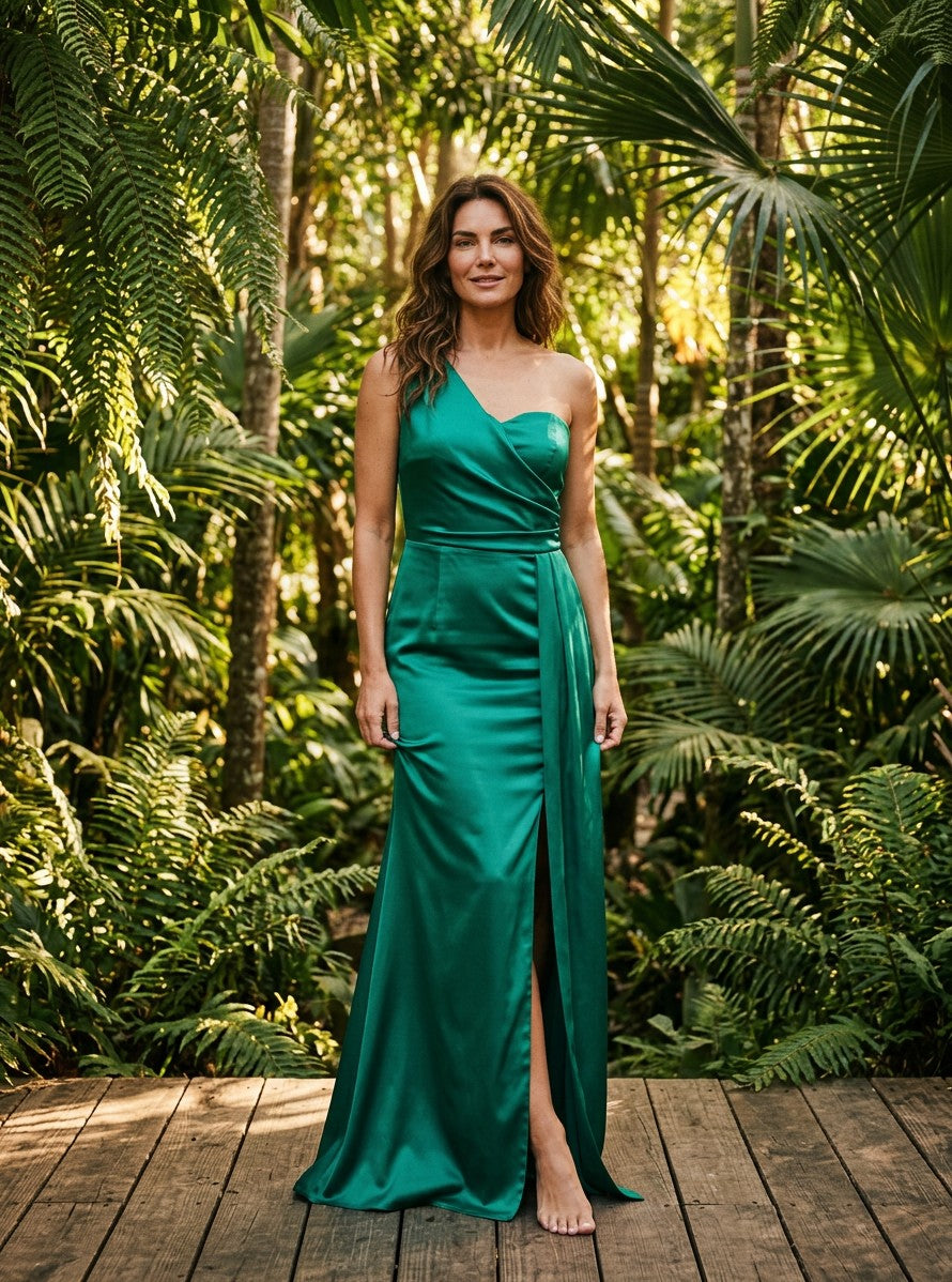 Women's Luxurious Satin Maxi Dress | Elegant One-Shoulder High-Slit Gown 4