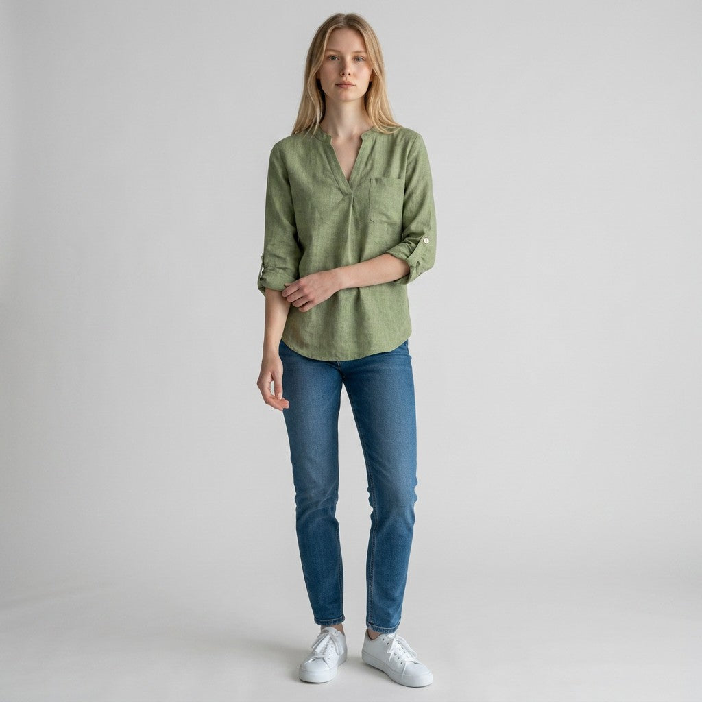 Olive green linen blouse with V-neck and button placket, three-quarter rolled sleeves.