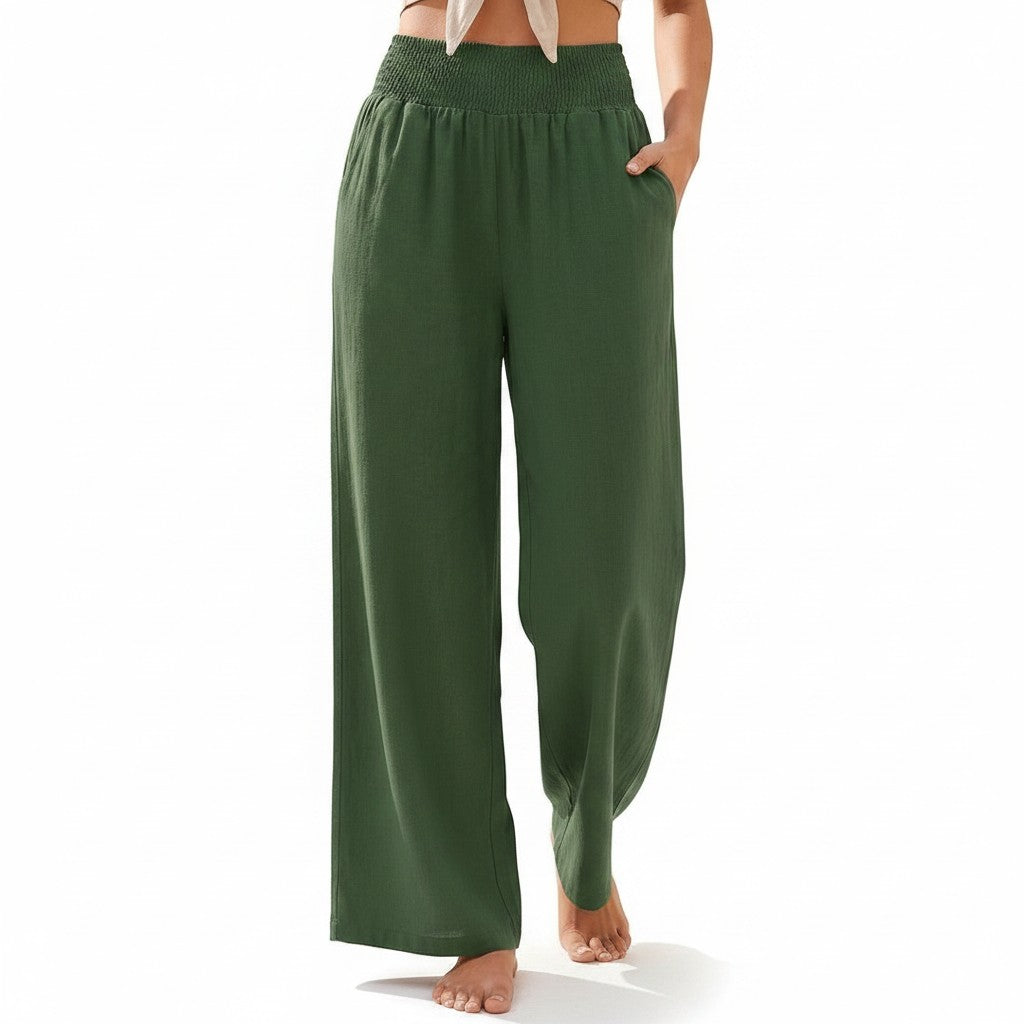 Olive-green smocked high-waist wide-leg pants with gathered elastic waistband