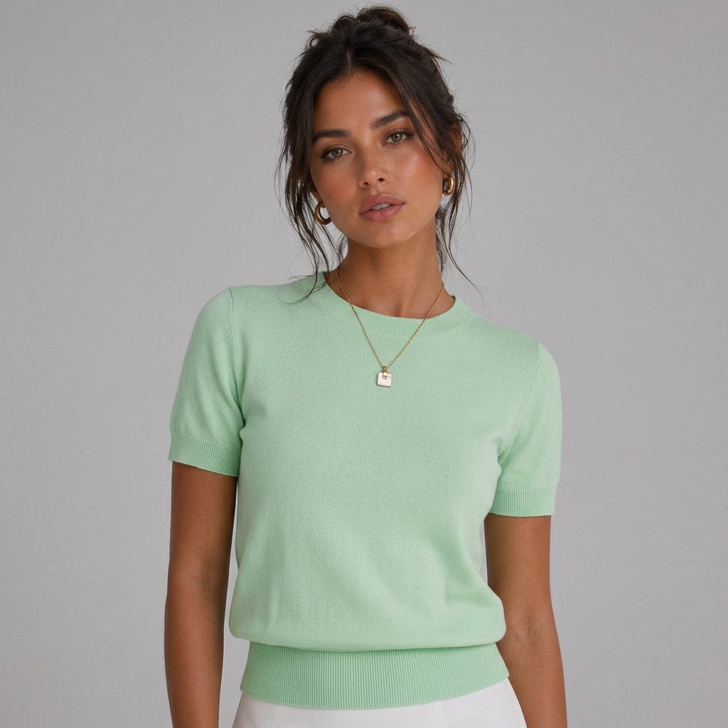 Women’s wool-blend knit sweater, light mint green short-sleeve crewneck