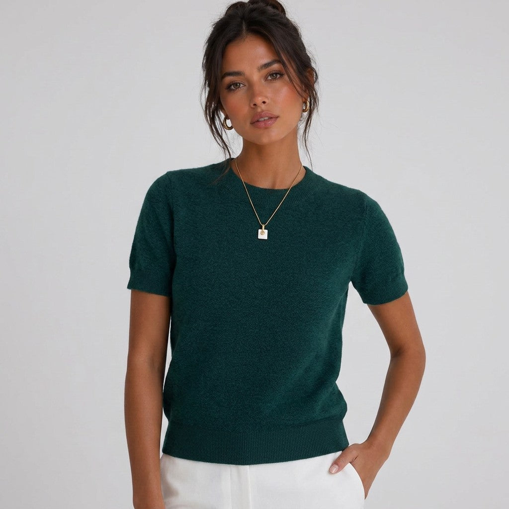 Women’s wool-blend knit sweater, deep green short-sleeve crewneck