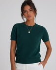 Women’s wool-blend knit sweater, deep green short-sleeve crewneck