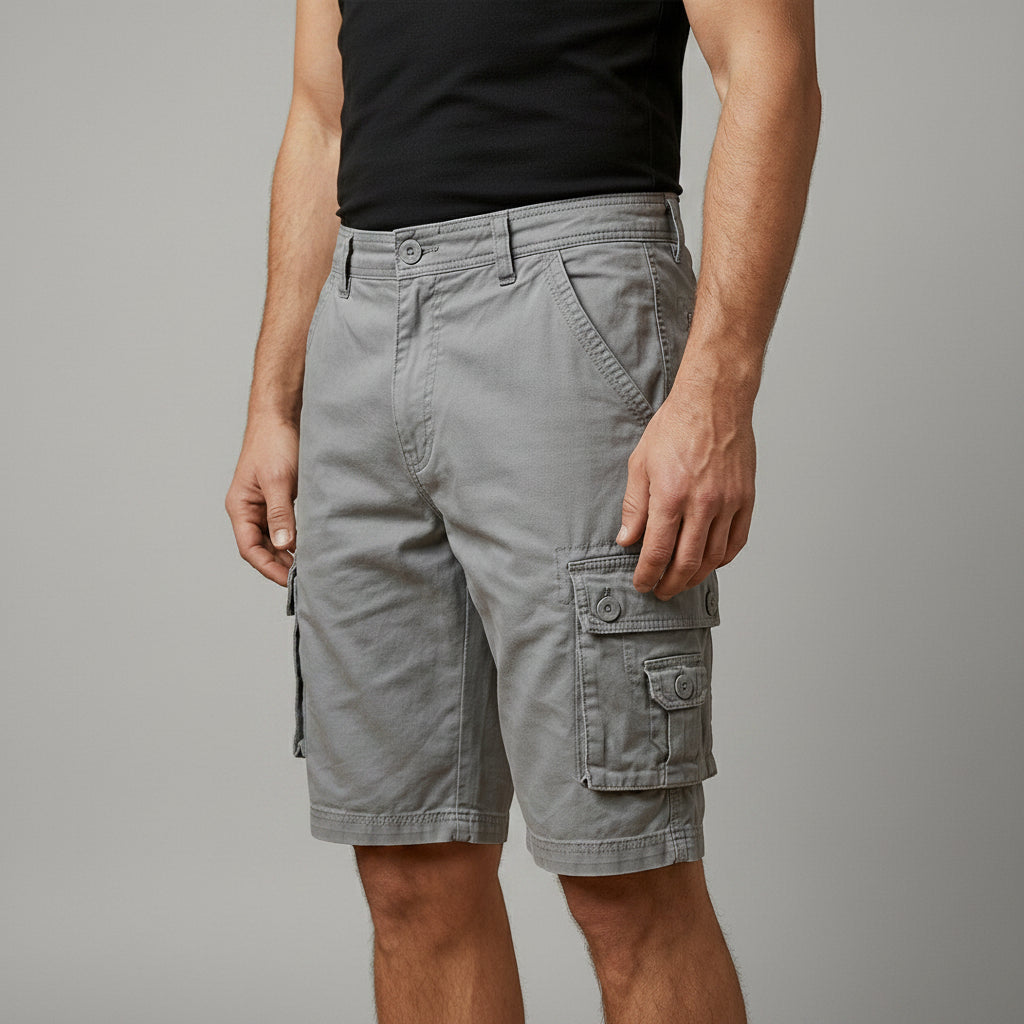 Men's cargo shorts, gray with elastic waistband and flap cargo pockets, knee length.